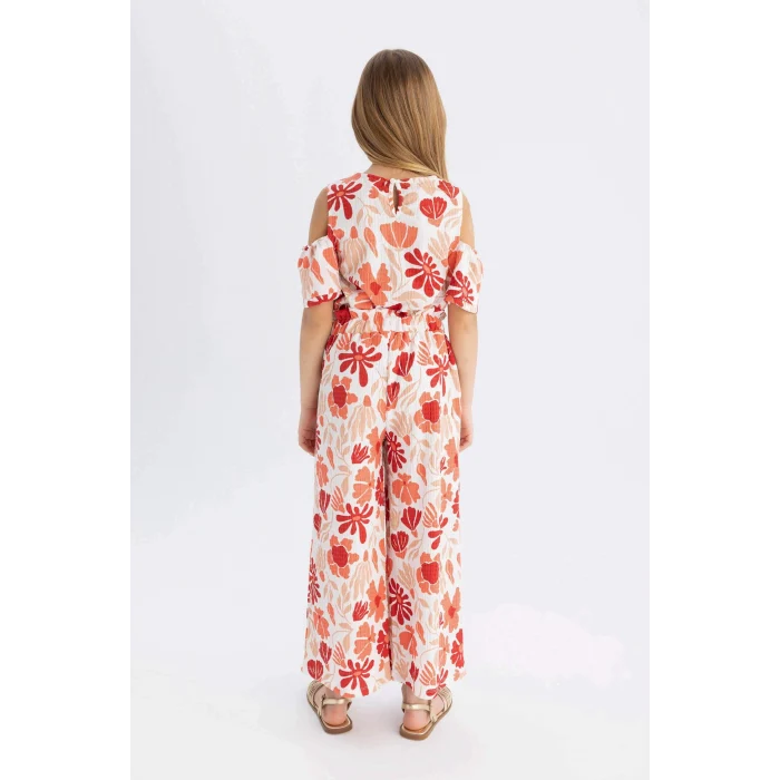 Defacto C5373 Kırmızı Kız Çocuk Wide Leg Geniş Bol Paça Çiçekli Beli Lastikli Bürümcük Pantolon