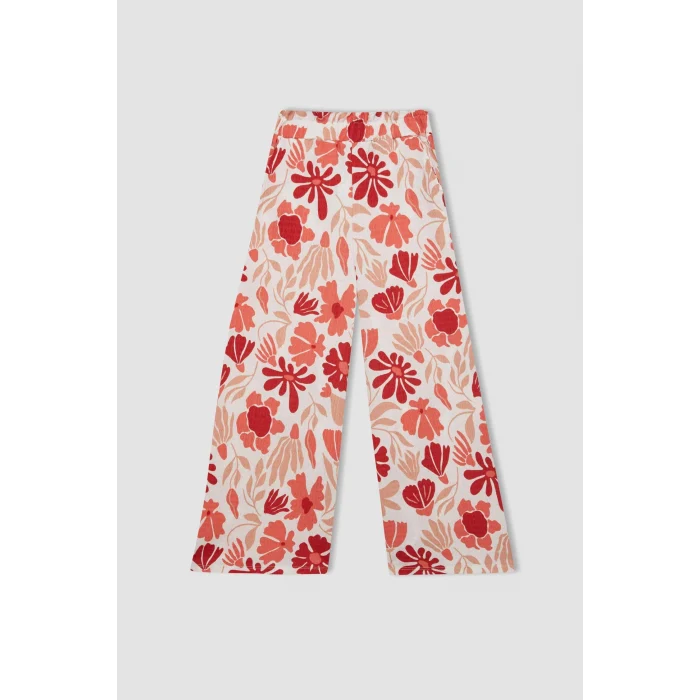Defacto C5373 Kırmızı Kız Çocuk Wide Leg Geniş Bol Paça Çiçekli Beli Lastikli Bürümcük Pantolon