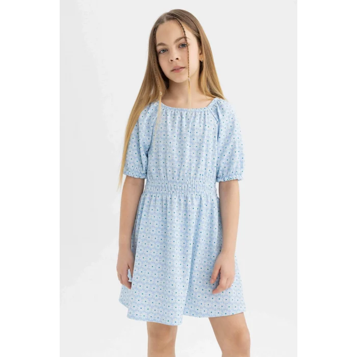 Defacto C2276 Mavi Kız Çocuk Bürümcük Desenli Kısa Kollu Elbise