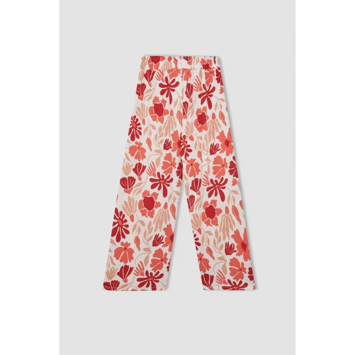 Defacto C5373 Kırmızı Kız Çocuk Wide Leg Geniş Bol Paça Çiçekli Beli Lastikli Bürümcük Pantolon