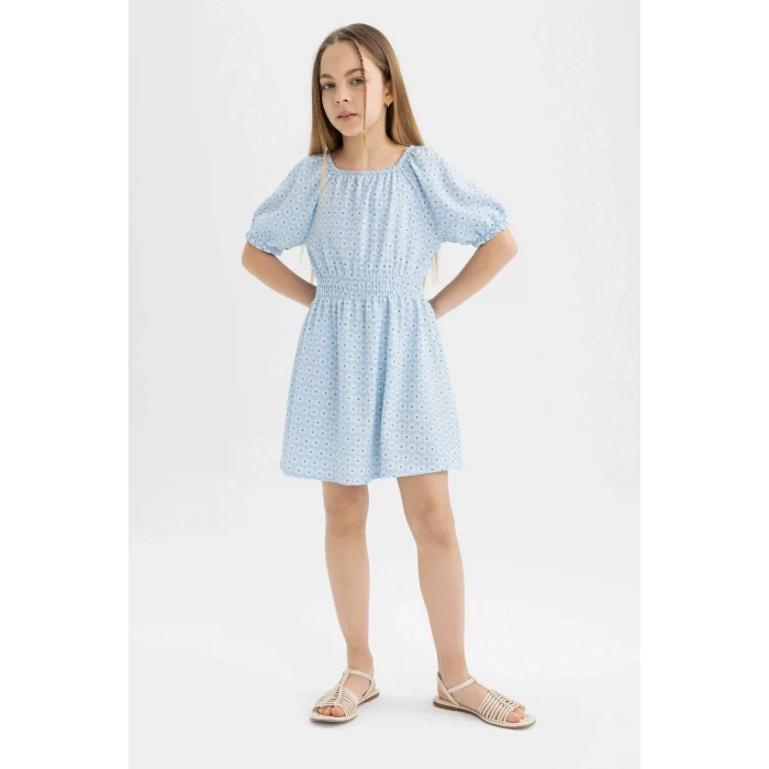 Defacto C2276 Mavi Kız Çocuk Bürümcük Desenli Kısa Kollu Elbise