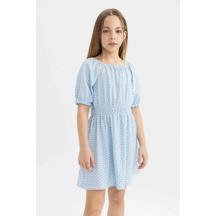 Defacto C2276 Mavi Kız Çocuk Bürümcük Desenli Kısa Kollu Elbise