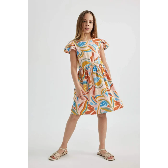 Defacto B4339 Pembe Kız Çocuk Desenli Kısa Kollu Elbise