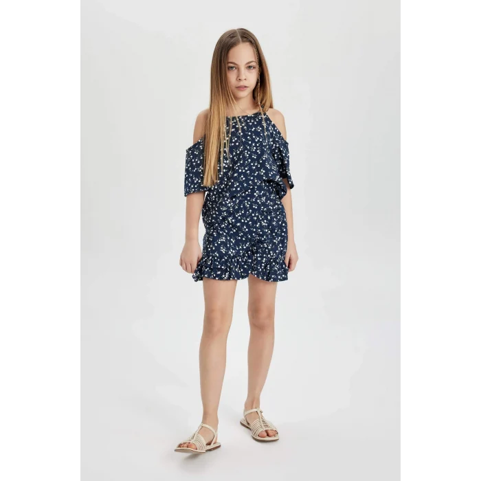 Defacto C3812 Lacivert Kız Çocuk 2li Takım Çiçekli Kısa Kollu Bluz Üst Beli Lastikli Etek Alt