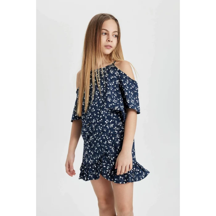 Defacto C3812 Lacivert Kız Çocuk 2li Takım Çiçekli Kısa Kollu Bluz Üst Beli Lastikli Etek Alt