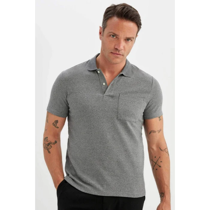 Defacto D0031 Gri Slim Fit Dar Kesim Basic Düz Kısa Kollu Polo Tişört