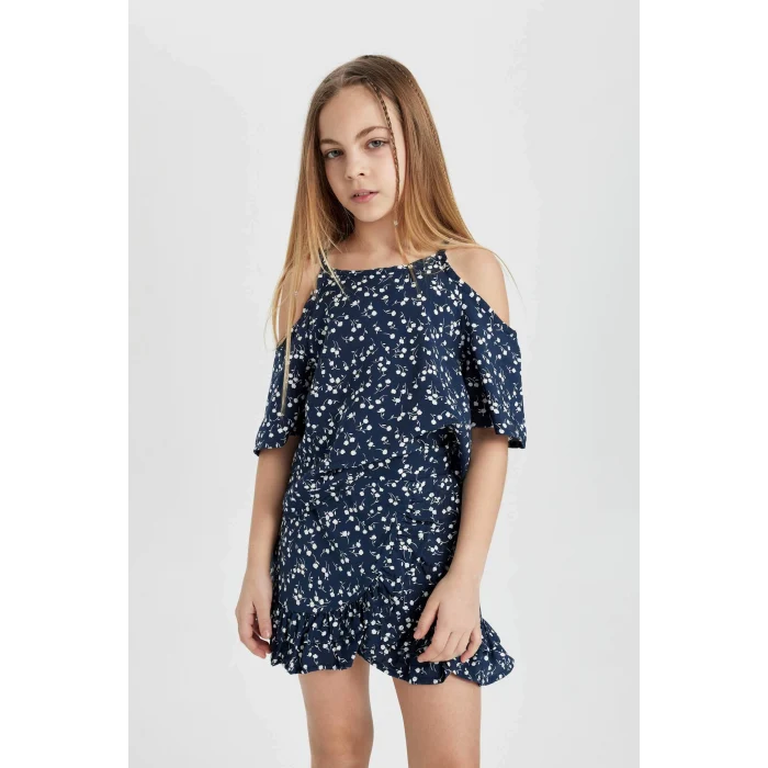 Defacto C3812 Lacivert Kız Çocuk 2li Takım Çiçekli Kısa Kollu Bluz Üst Beli Lastikli Etek Alt