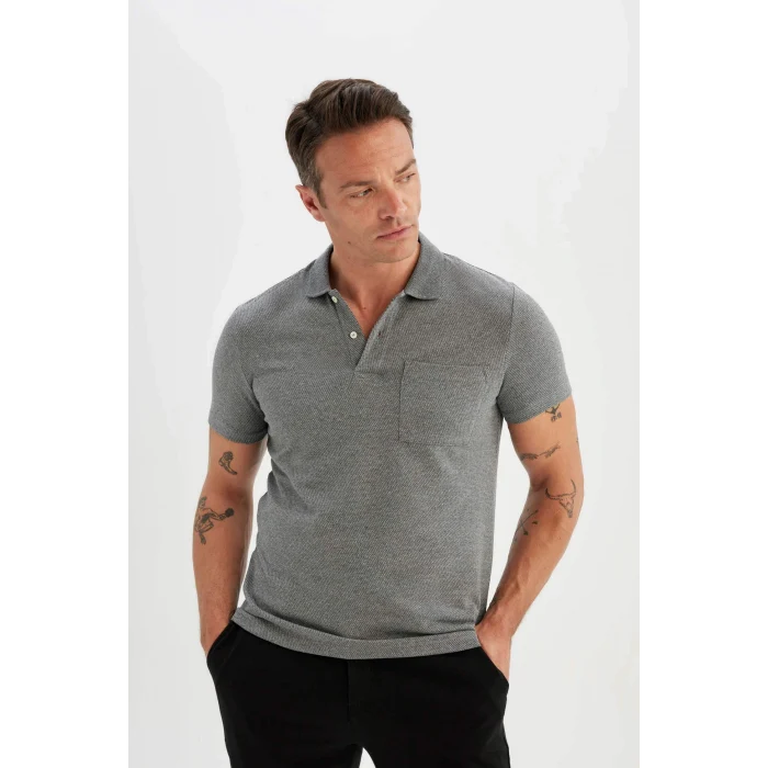 Defacto D0031 Gri Slim Fit Dar Kesim Basic Düz Kısa Kollu Polo Tişört