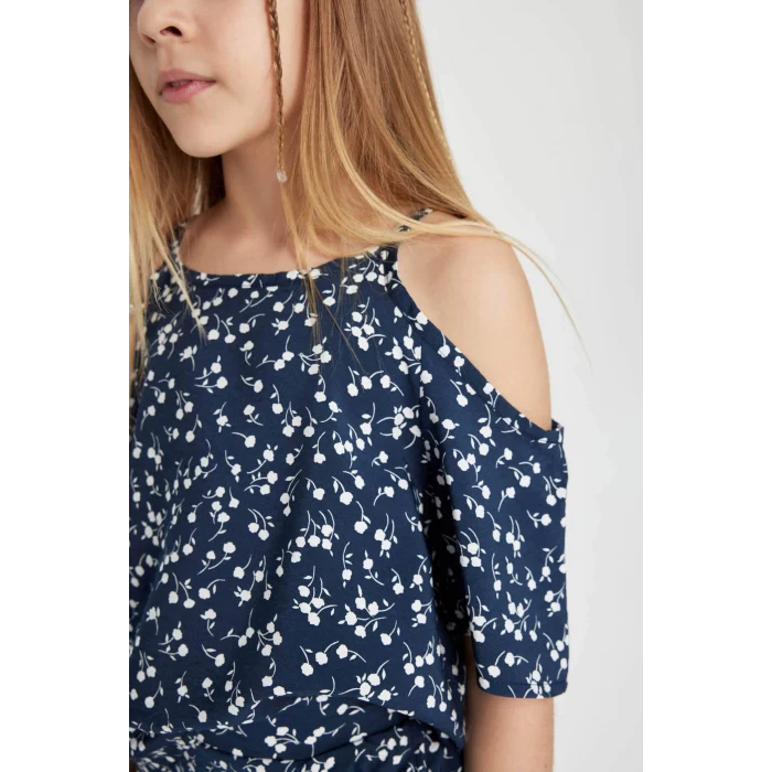 Defacto C3812 Lacivert Kız Çocuk 2li Takım Çiçekli Kısa Kollu Bluz Üst Beli Lastikli Etek Alt