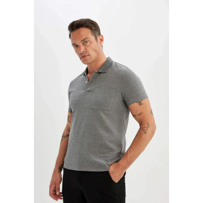Defacto D0031 Gri Slim Fit Dar Kesim Basic Düz Kısa Kollu Polo Tişört