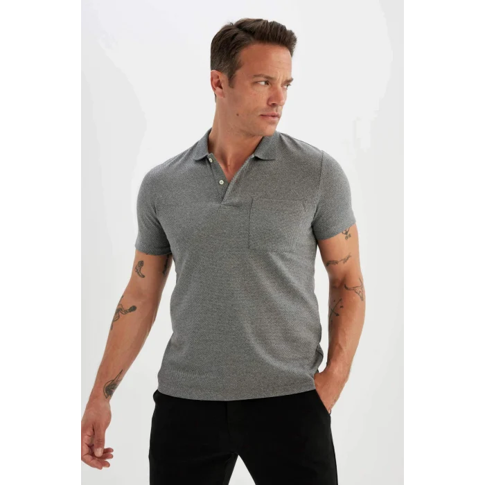 Defacto D0031 Gri Slim Fit Dar Kesim Basic Düz Kısa Kollu Polo Tişört