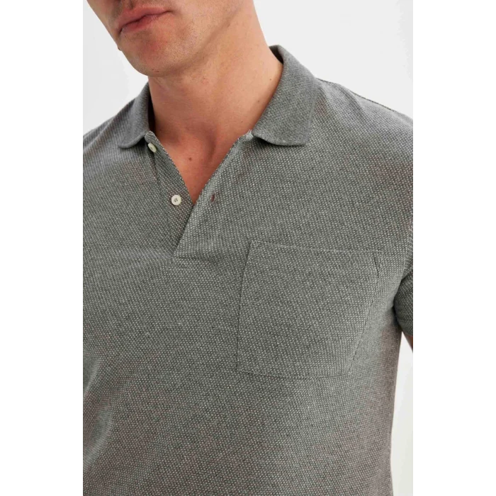 Defacto D0031 Gri Slim Fit Dar Kesim Basic Düz Kısa Kollu Polo Tişört