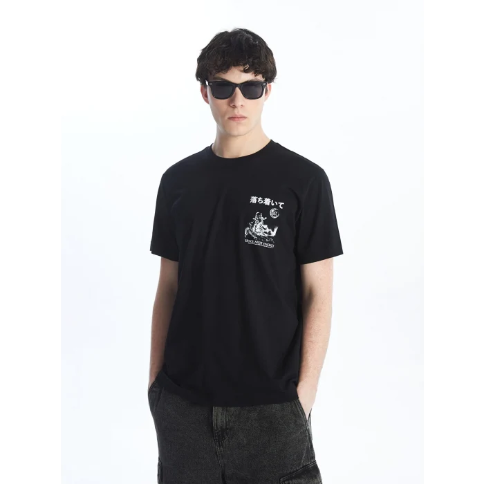 LCW Casual SİYAH Bisiklet Yaka Kısa Kollu Baskılı Penye Erkek Tişört