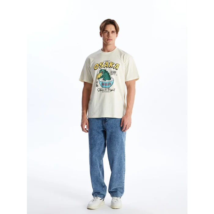 XSIDE BEJ Bisiklet Yaka Kısa Kollu Baskılı Penye Erkek Tişört