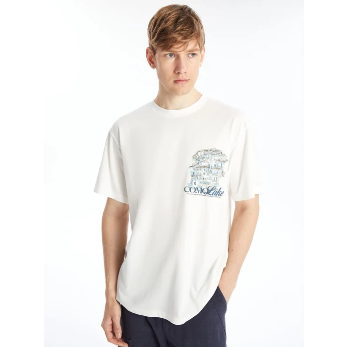 LCW Casual EKRU Bisiklet Yaka Kısa Kollu Baskılı Penye Erkek Tişört