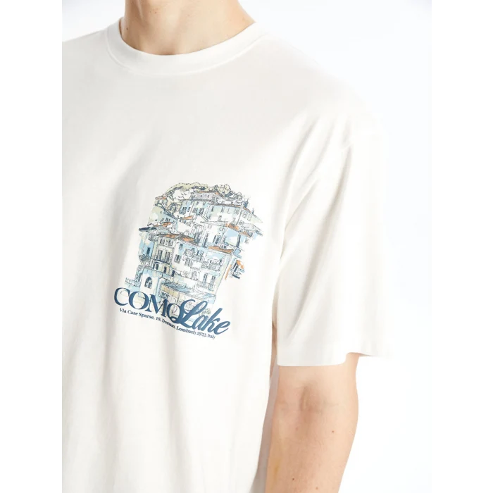 LCW Casual EKRU Bisiklet Yaka Kısa Kollu Baskılı Penye Erkek Tişört