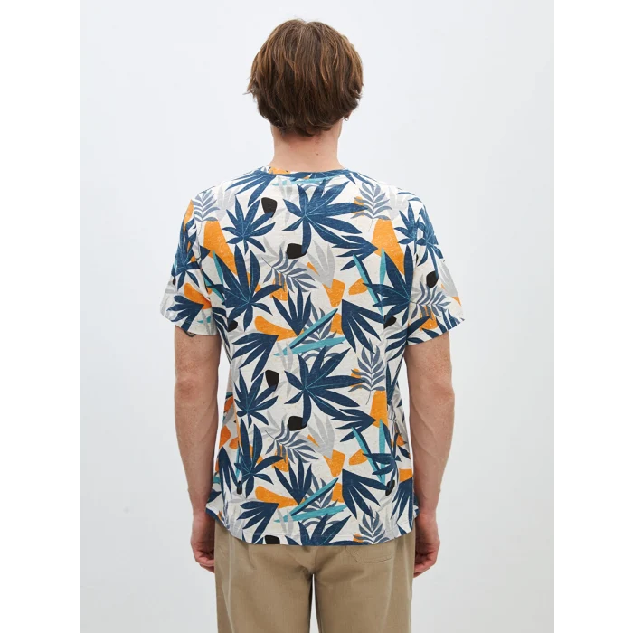 LCW Casual EKRU Bisiklet Yaka Kısa Kollu Desenli Penye Erkek Tişört