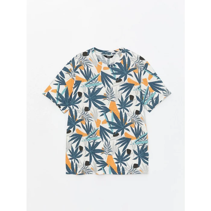 LCW Casual EKRU Bisiklet Yaka Kısa Kollu Desenli Penye Erkek Tişört