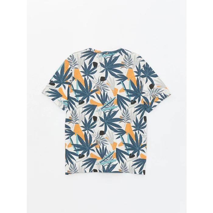 LCW Casual EKRU Bisiklet Yaka Kısa Kollu Desenli Penye Erkek Tişört