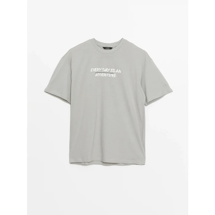 XSIDE GRİ Bisiklet Yaka Kısa Kollu Baskılı Penye Erkek Tişört