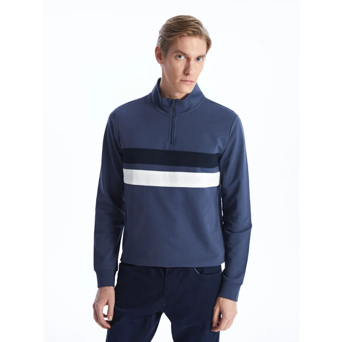 LCWAIKIKI Classic İNDİGO Dik Yaka Uzun Kollu Renk Bloklu Erkek Sweatshirt