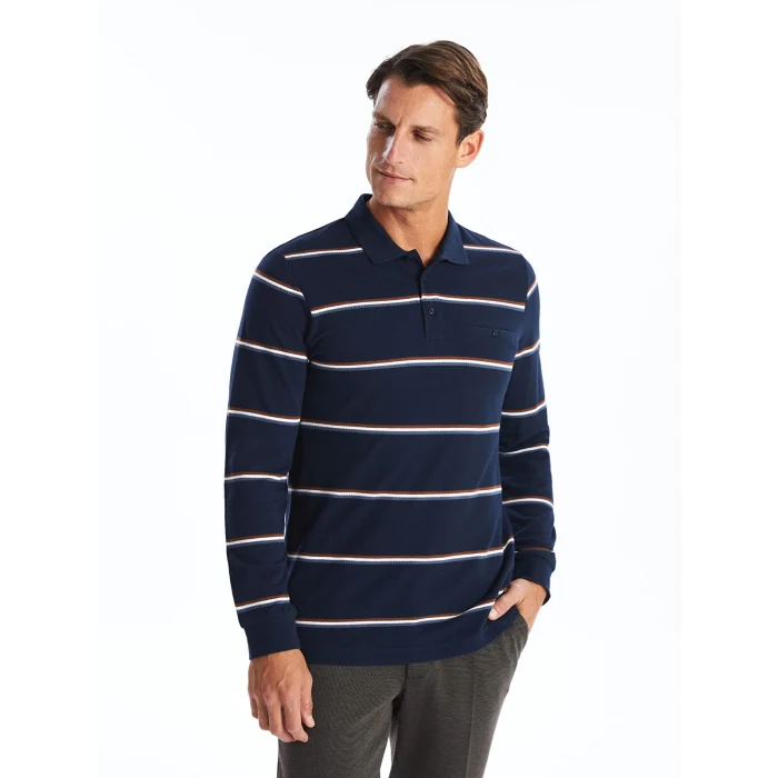 LCWAIKIKI Classic LACİVERT Polo Yaka Uzun Kollu Çizgili Erkek Sweatshirt