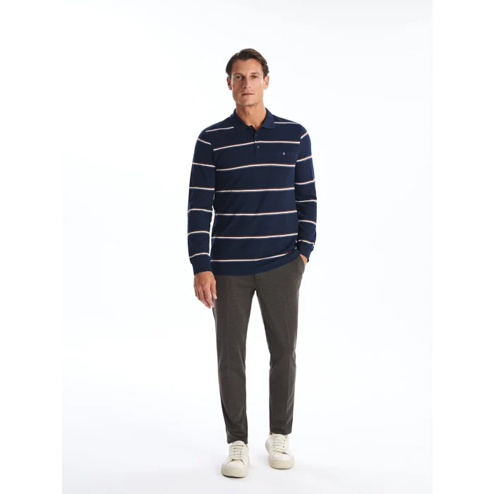 LCWAIKIKI Classic LACİVERT Polo Yaka Uzun Kollu Çizgili Erkek Sweatshirt