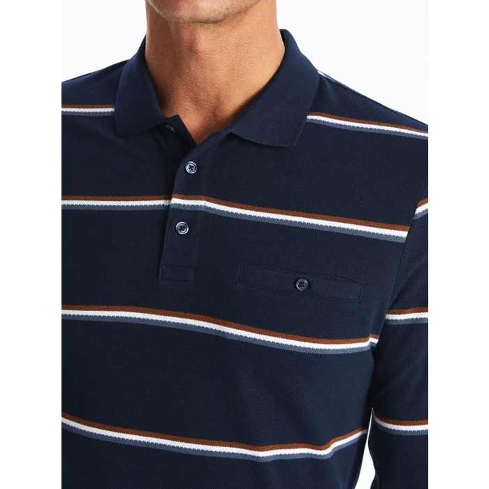 LCWAIKIKI Classic LACİVERT Polo Yaka Uzun Kollu Çizgili Erkek Sweatshirt