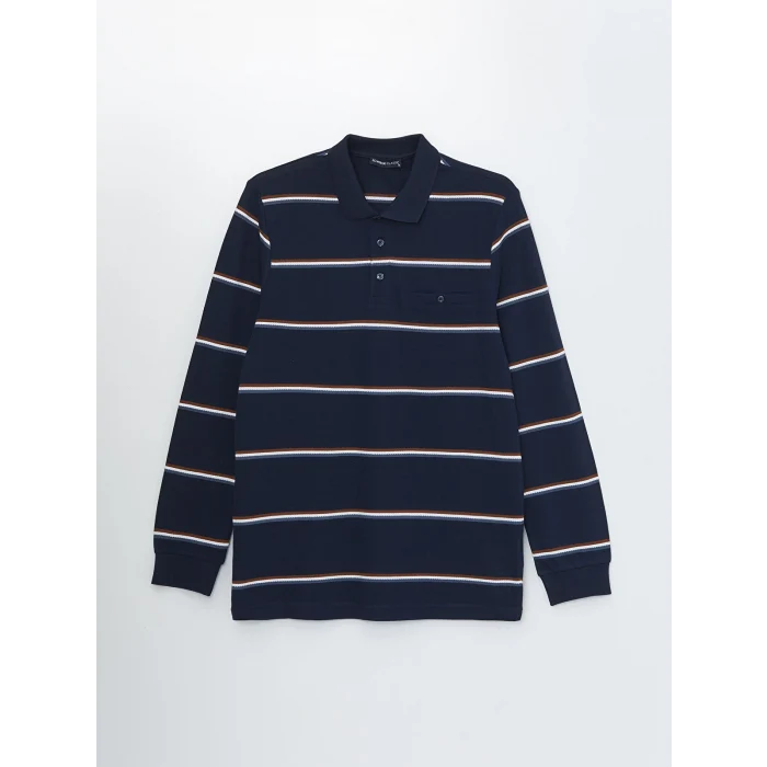 LCWAIKIKI Classic LACİVERT Polo Yaka Uzun Kollu Çizgili Erkek Sweatshirt