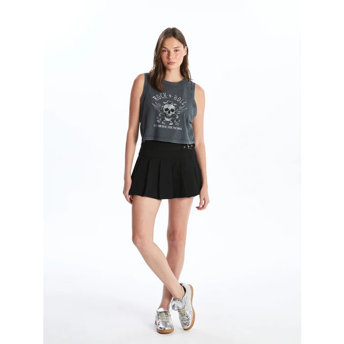 XSIDE ANTRASİT Bisiklet Yaka Baskılı Kadın Crop