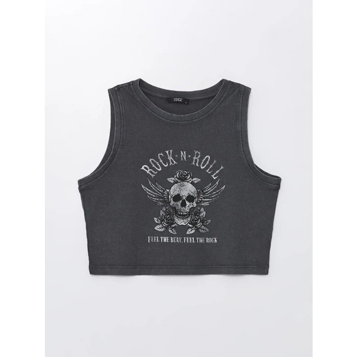 XSIDE ANTRASİT Bisiklet Yaka Baskılı Kadın Crop