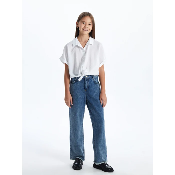 LCW Kids BEYAZ Basic Kısa Kollu Kız Çocuk Crop Gömlek