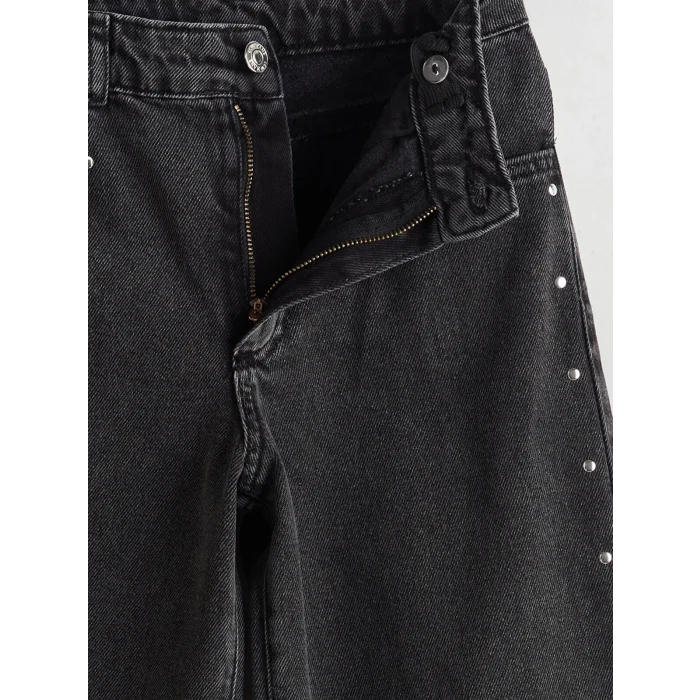 LCW Kids SİYAH Beli Ayarlanabilir Lastikli Taşlı Kız Çocuk Jean Pantolon