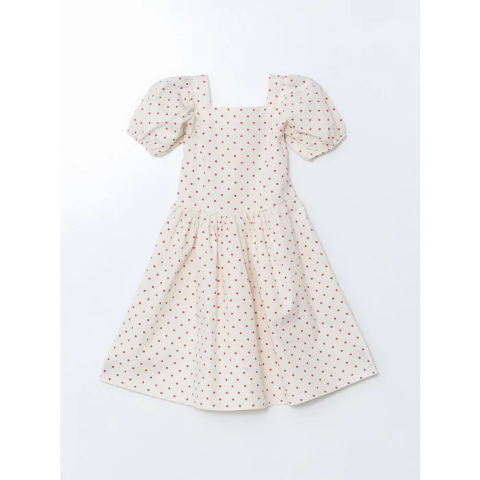 LCW Kids EKRU Kare Yaka Puantiyeli Kız Çocuk Elbise