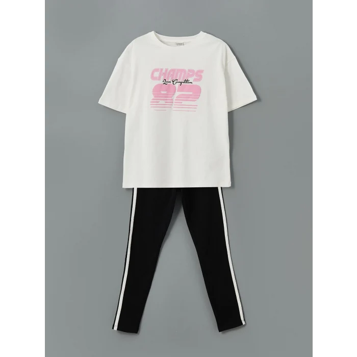 LCW Kids EKRU Bisiklet Yaka Kız Çocuk Tişört ve Tayt