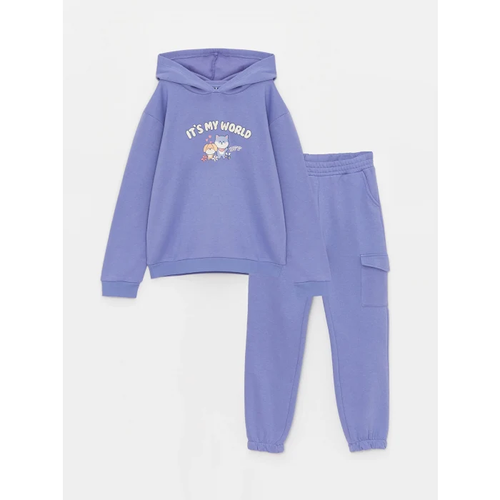 LCW Kids LİLA Kapüşonlu Baskılı Uzun Kollu Kız Çocuk Sweatshirt ve Eşofman Altı