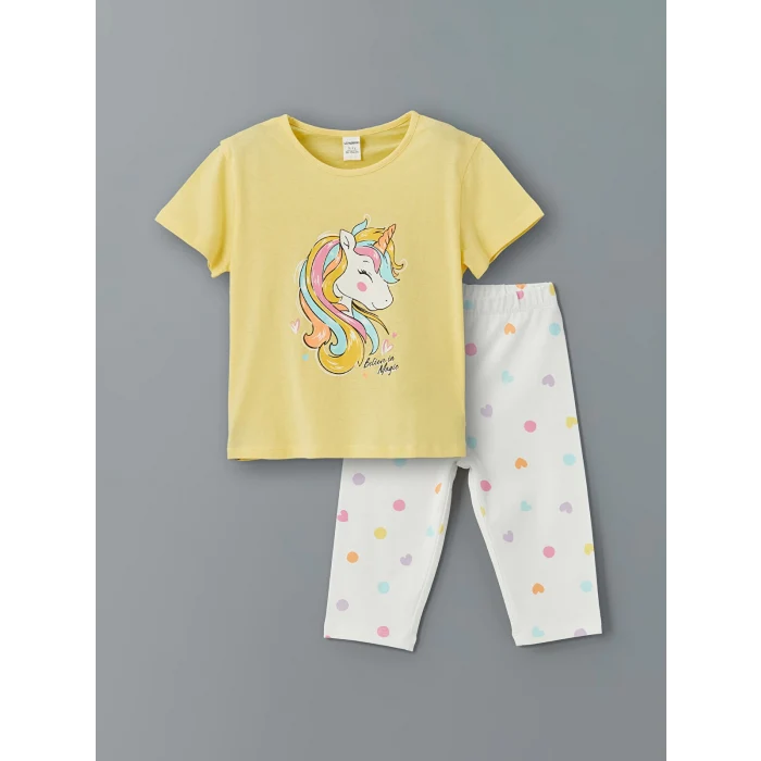 LCW Kids SARI Bisiklet Yaka Baskılı Kız Çocuk Tişört ve Tayt 2li