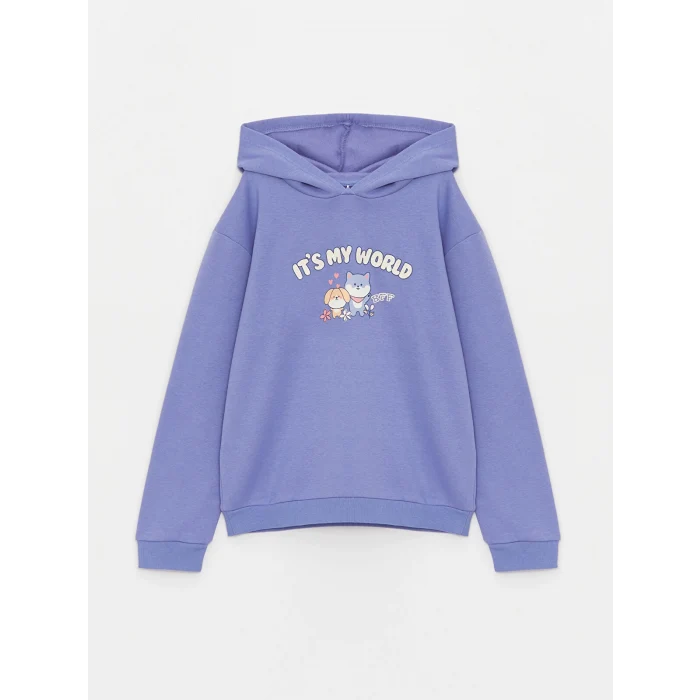 LCW Kids LİLA Kapüşonlu Baskılı Uzun Kollu Kız Çocuk Sweatshirt ve Eşofman Altı