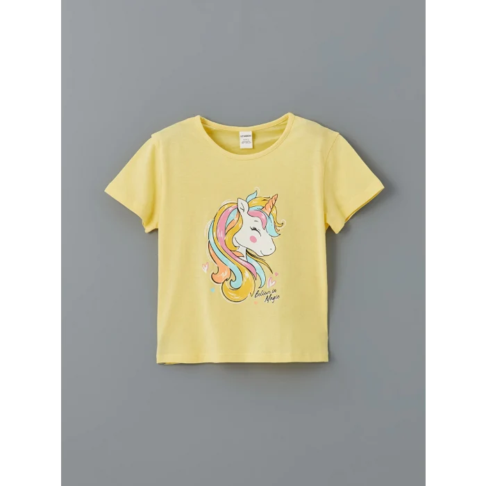 LCW Kids SARI Bisiklet Yaka Baskılı Kız Çocuk Tişört ve Tayt 2li