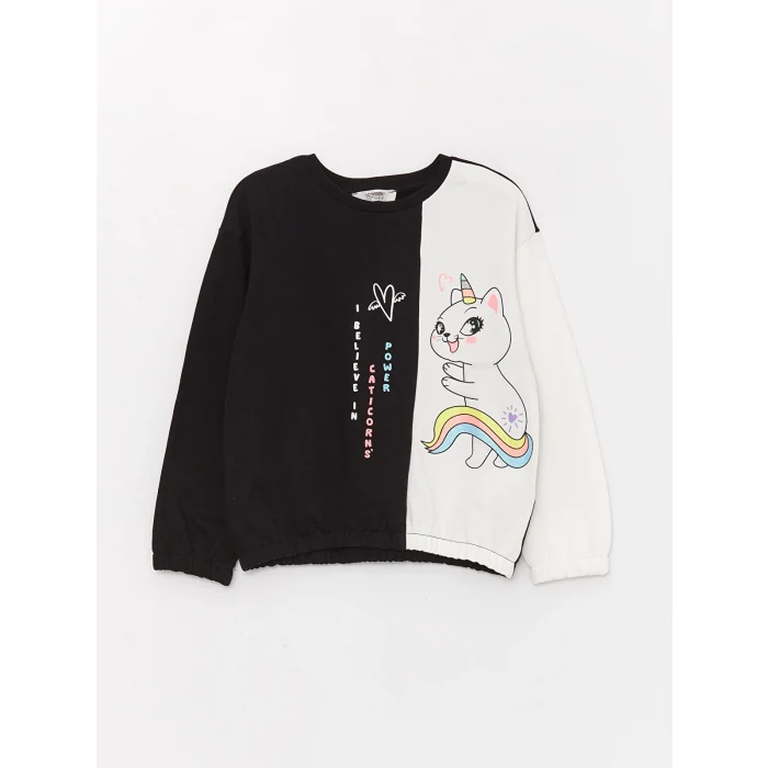 LCW Kids SİYAH Bisiklet Yaka Baskılı Uzun Kollu Kız Çocuk Sweatshirt ve Tayt