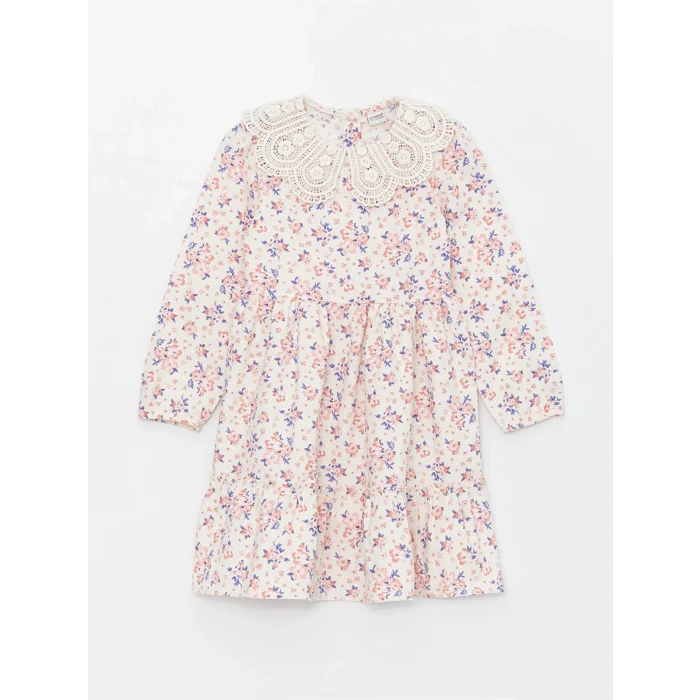 LCW Kids BEJ Bebe Yaka Çiçekli Uzun Kollu Kız Çocuk Elbise