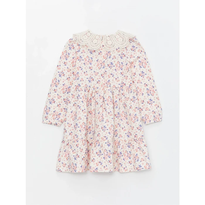 LCW Kids BEJ Bebe Yaka Çiçekli Uzun Kollu Kız Çocuk Elbise