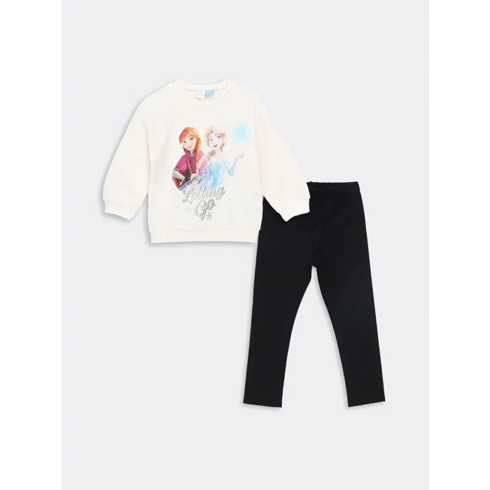 LCW Kids EKRU Bisiklet Yaka Elsa Baskılı Kız Çocuk Sweatshirt ve Tayt 2li Takım