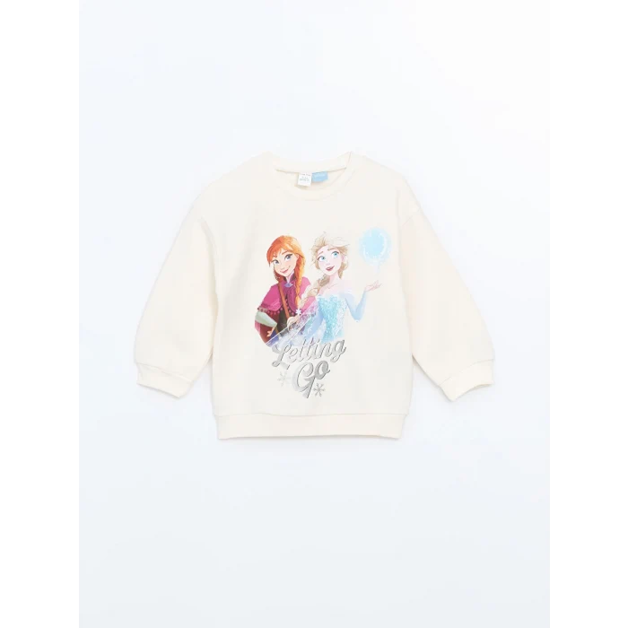 LCW Kids EKRU Bisiklet Yaka Elsa Baskılı Kız Çocuk Sweatshirt ve Tayt 2li Takım