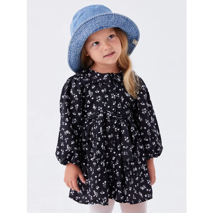 LCW baby SİYAH Gömlek Yaka Desenli Kız Bebek Elbise