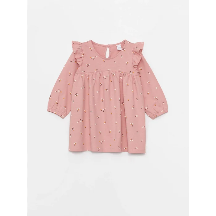 LCW baby PEMBE Bisiklet Yaka Desenli Kız Bebek Elbise