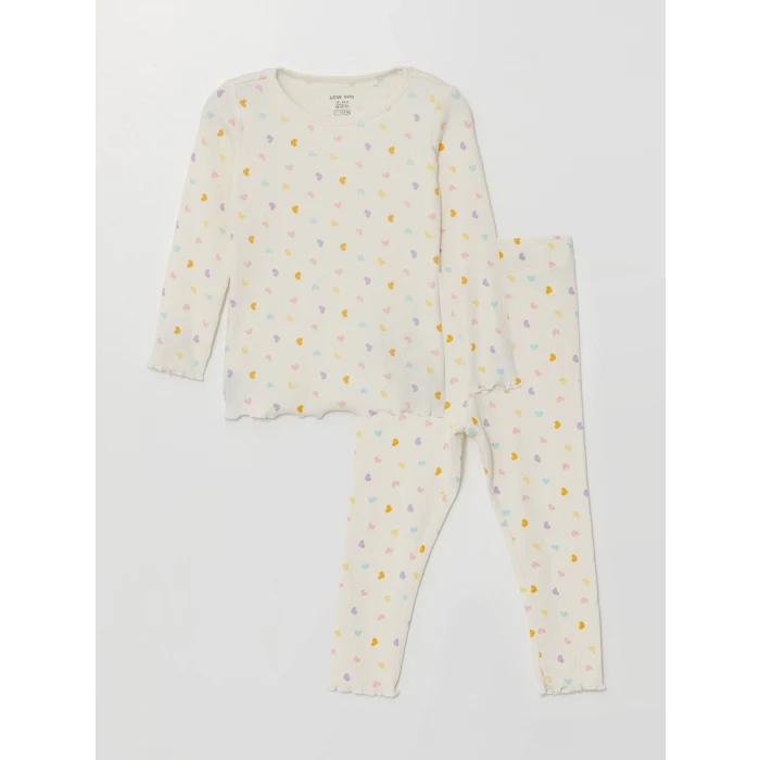 LCW baby EKRU Bisiklet Yaka Uzun Kollu Baskılı Kız Bebek Pijama Takımı