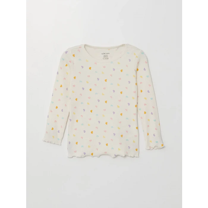 LCW baby EKRU Bisiklet Yaka Uzun Kollu Baskılı Kız Bebek Pijama Takımı