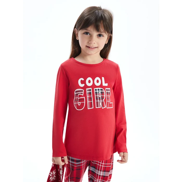 LCW baby KIRMIZI Bisiklet Yaka Uzun Kollu Yılbaşı Temalı Kız Bebek Pijama Takımı