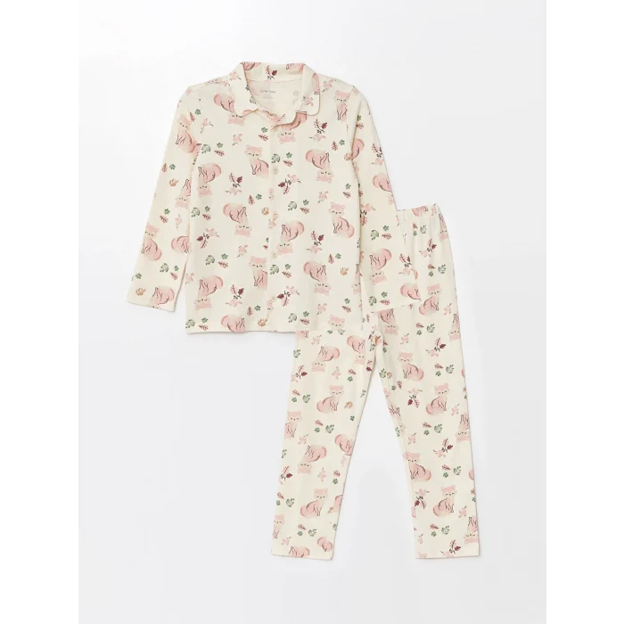 LCW baby EKRU Gömlek Yaka Uzun Kollu Kız Bebek Pijama Takımı